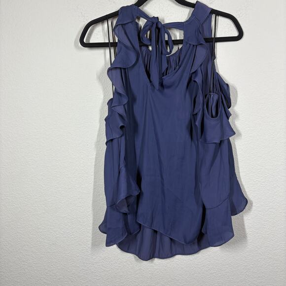 Alice & Trixie Medium Crepe Cold Shoulder Blouse Navy Ruffle Tie Back - Picture 3 of 9